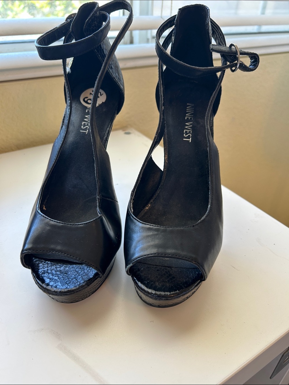 Nine West Black Leather Peep-Toe Ankle-Strap Platform Heels